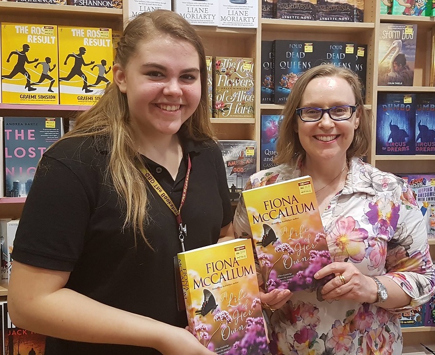 Fiona with QBD Books Marion staff and book A Life of Her Own